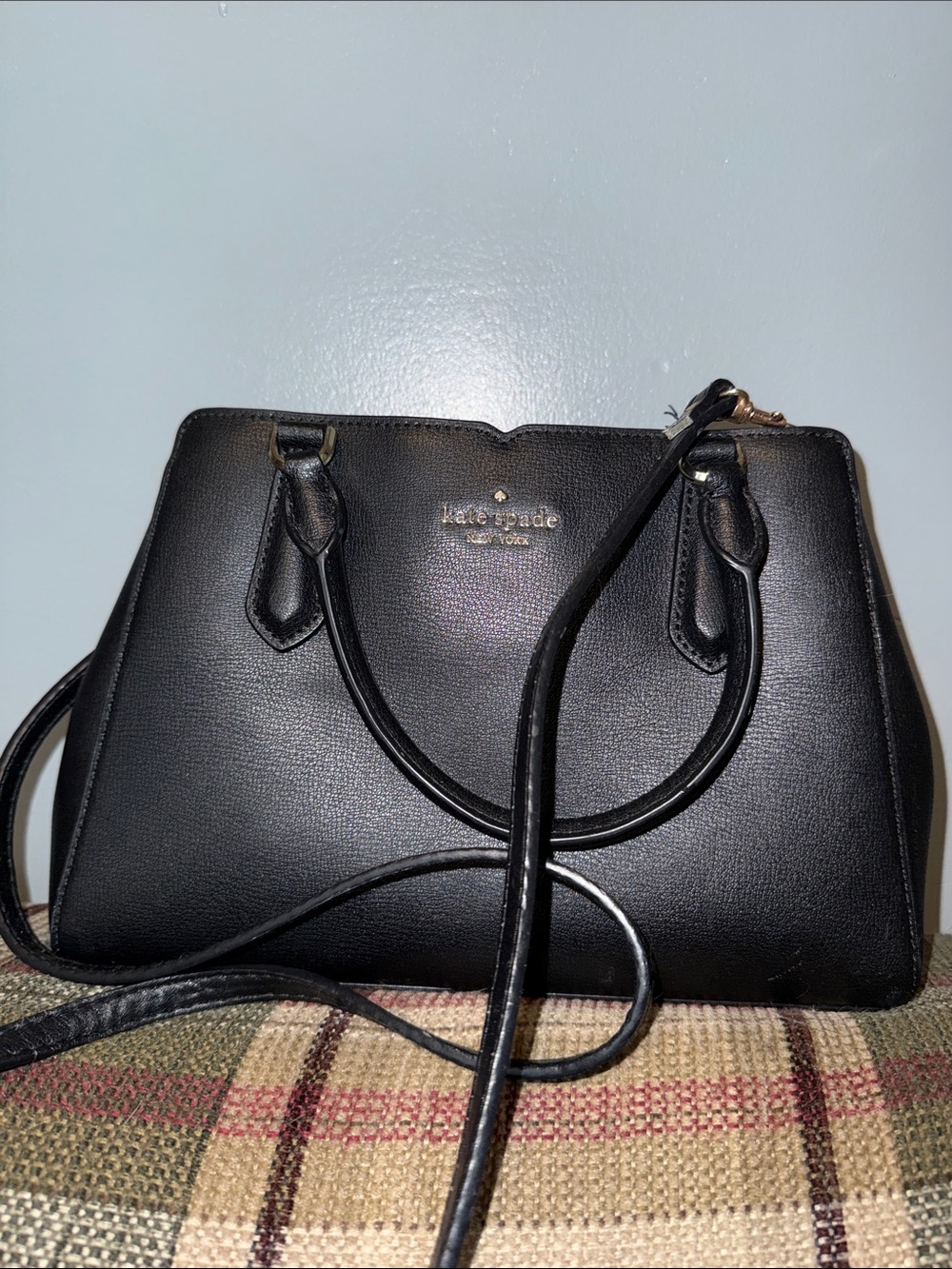 kate spade black Saffiano leather satchel with gold logo